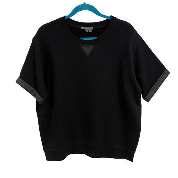 Vince Lamb Leather Trim Short Sleeve Black Sweatshirt Size L‎ - Picture 1 of 8